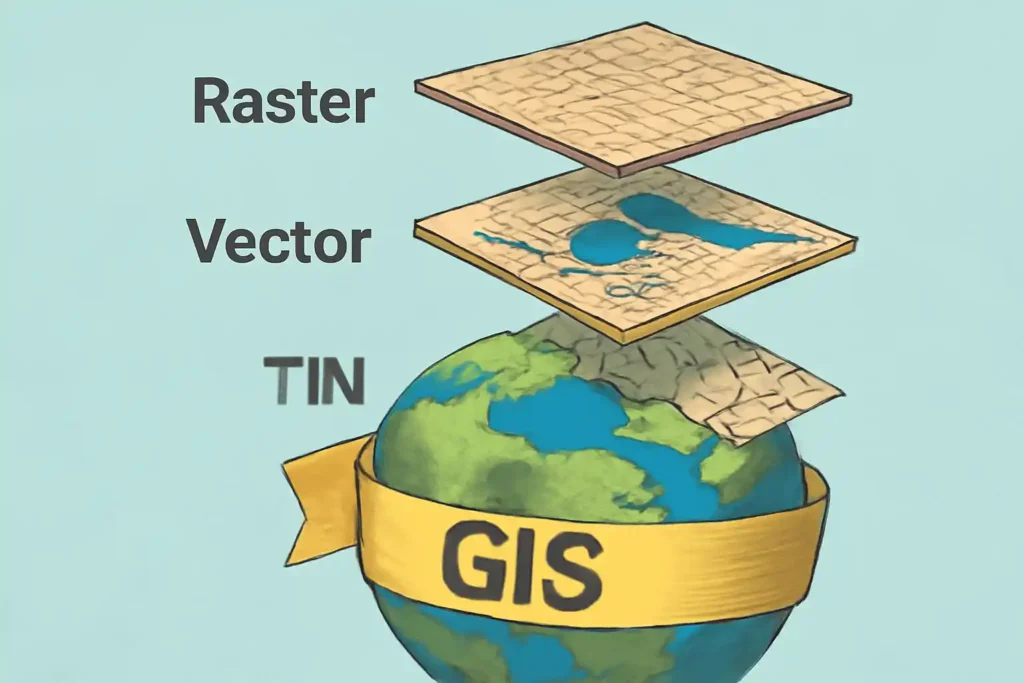 تصویر دیجیتال که مدل‌های داده‌ای اصلی GIS شامل رستر، وکتور و TIN را نمایش می‌دهد، با لایه‌های مختلفی که هرکدام ویژگی‌های جغرافیایی خاص خود را نشان می‌دهند. این تصویر کلیات سیستم‌های اطلاعات جغرافیایی را با استفاده از مدل‌های مختلف داده‌محوری توضیح می‌دهد