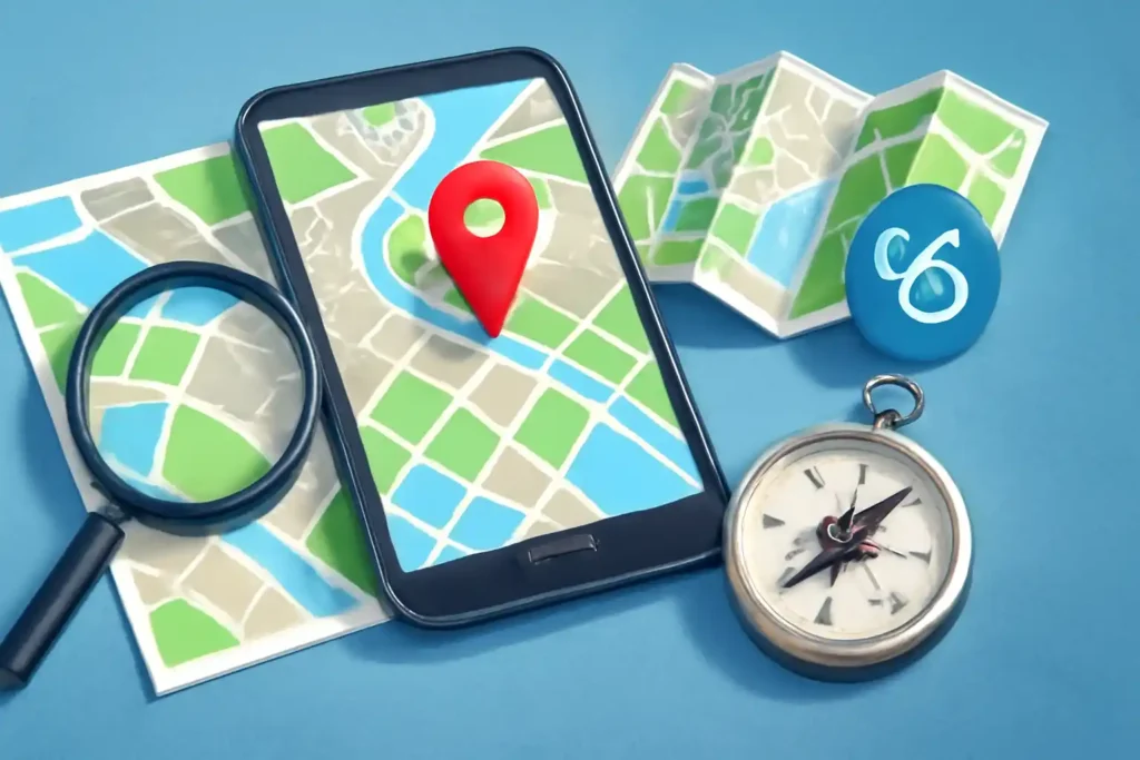 نقشه جغرافیایی با تبلت، ذره‌بین و علامت مکان قرمز، نمایی از GIS